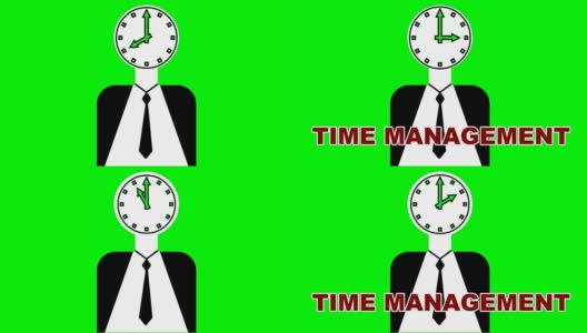 时间管理主题。thema动画有经理形象，钟面在人头中跳动，动画标题。绿色屏幕上的视频高清在线视频素材下载