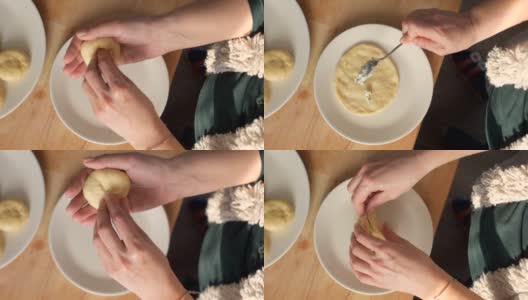 女人正在往面团里填美味的馅，做自制糕点高清在线视频素材下载