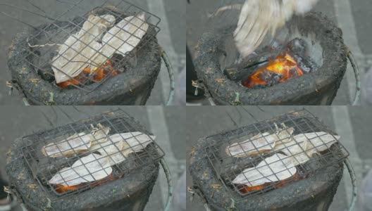 用烤干鱿鱼在炭火上烧高清在线视频素材下载
