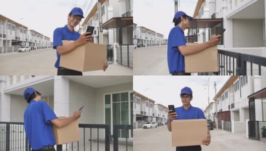 拿着包裹盒子的快递员在村屋用智能手机寻找顾客高清在线视频素材下载