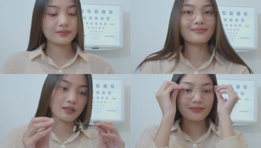 年轻的亚洲女人尝试新的眼镜在光学商店高清在线视频素材下载