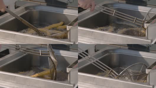 慢镜头:厨师在街头小吃市场用滚烫的油烹制油条:特写高清在线视频素材下载