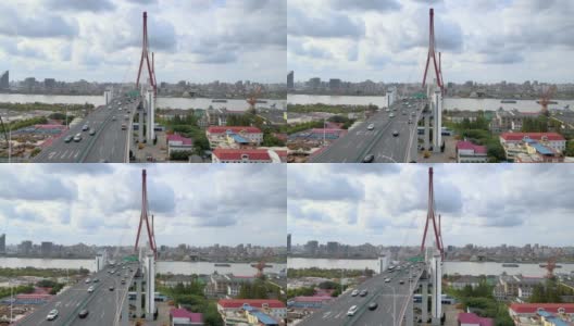 在市中心横跨河流的桥梁和交通。戏剧性的cloudscape高清在线视频素材下载