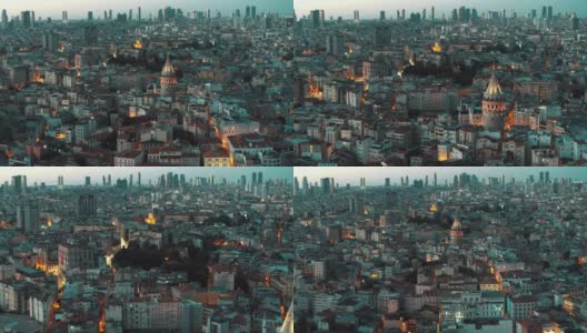鸟瞰图加拉塔和摩天大楼在晚上伊斯坦布尔- 4K无人机镜头高清在线视频素材下载