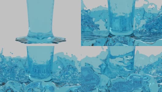 3d高清动画抽象流动清澈透明的蓝色水液体，填充水库，波浪和飞溅高清在线视频素材下载