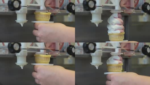 从机器上制作扭曲的粉色和白色冰淇淋蛋卷高清在线视频素材下载
