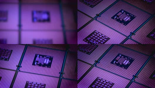 近距离聚焦于CPU芯片处理器，在紫光照明的小车上旋转。高清在线视频素材下载