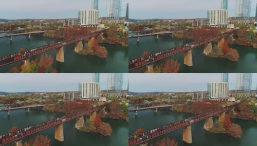 高角度建立拍摄的市中心奥斯汀与铁路大桥高清在线视频素材下载