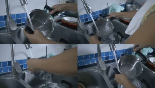 厨房水槽:清洗厨房用具高清在线视频素材下载