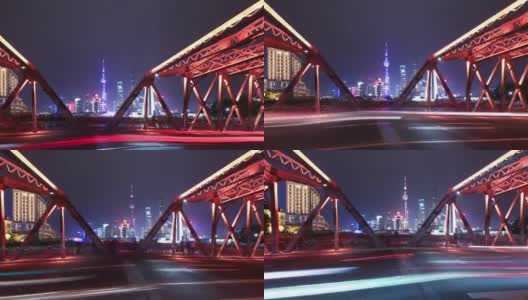 T/L WS LA上海外白渡桥夜间交通灯步道和城市景观高清在线视频素材下载