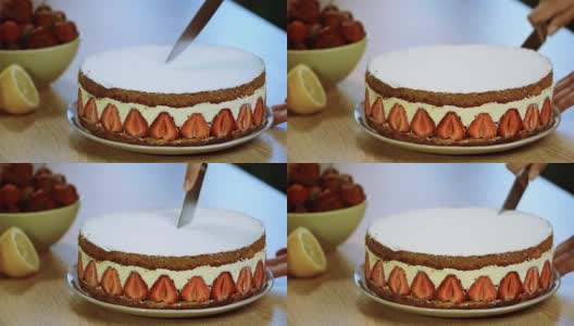 用刀切一片草莓蛋糕高清在线视频素材下载