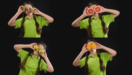 有趣的女孩，眼睛上有水果片，定格动画高清在线视频素材下载