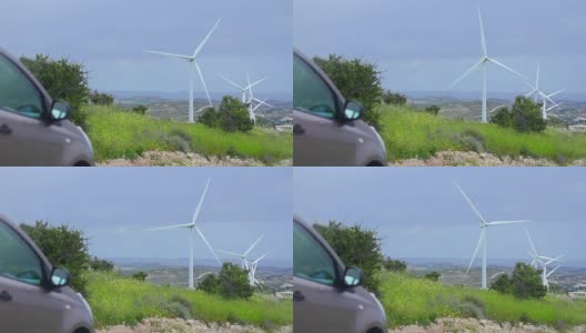 汽车附近旋转风力发电机，可再生能源，替代高清在线视频素材下载