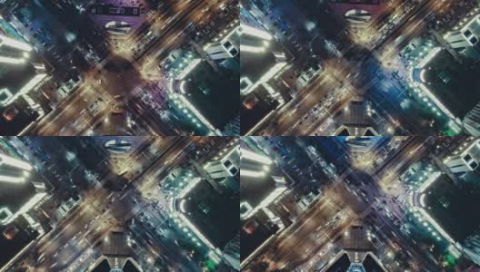 T/L PAN无人机视角城市道路交叉口夜间高清在线视频素材下载