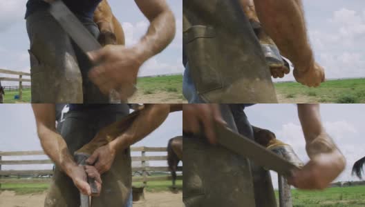 在一个阳光明媚的日子里，在农场的牧场上，一个三十多岁的男蹄铁匠用锉刀锉一只棕色的马脚，用刀在户外清洁它高清在线视频素材下载