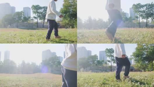 男孩在自然公园里玩耍，奔跑，夕阳高清在线视频素材下载