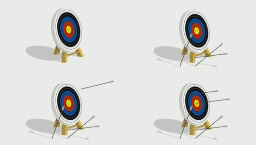 动画箭运动狩猎弓飞，并击中右中心的目标。实现商业和体育方面的目标。毛圈的视频高清在线视频素材下载