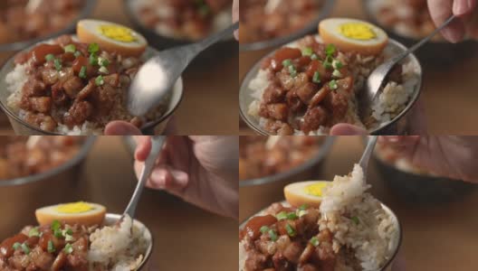 吃红烧肉配米饭，这是台湾著名美味的街头小吃。高清在线视频素材下载