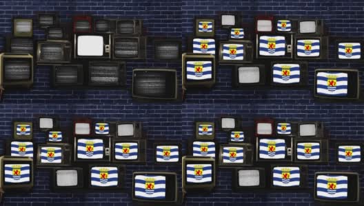 Zeeland的旗帜，荷兰最西部和人口最少的省份，和古董电视。高清在线视频素材下载