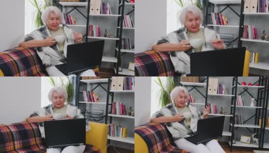 资深女性坐在家里的沙发上用笔记本电脑聊天高清在线视频素材下载