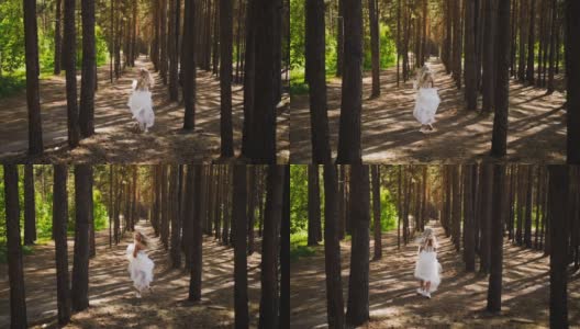 穿着婚纱和运动鞋的女子在森林中奔跑高清在线视频素材下载