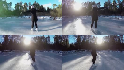 年轻女子在结冰的湖面上溜冰高清在线视频素材下载
