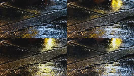 在潮湿的街道上，无缝的警示灯反射环高清在线视频素材下载