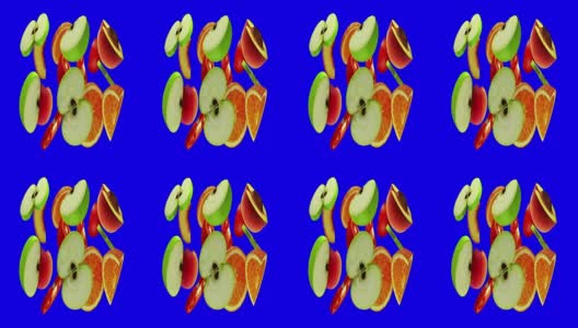 水平变形立体对，水果旋转在蓝色，无缝循环，3D高清在线视频素材下载