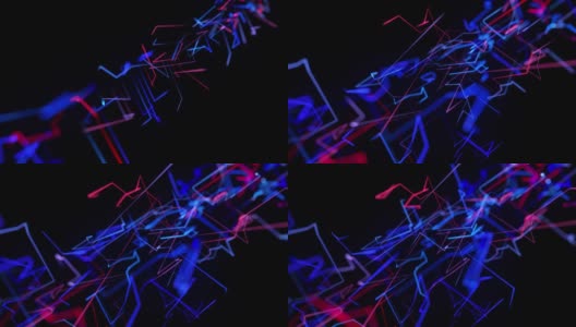 动态图形，科幻bg与流动的蓝色红色霓虹灯辉光线形成数字三维空间。连接的概念。可视化的神经网络操作，多种分支的计算。4 k景深高清在线视频素材下载