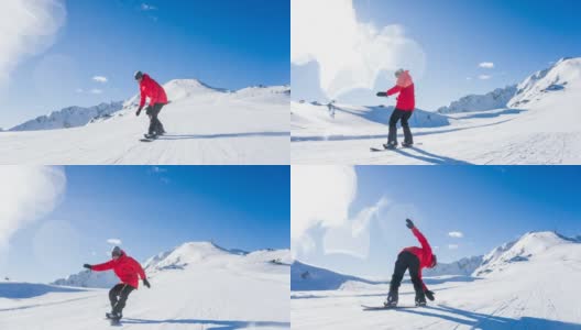 滑雪运动员在滑雪坡道上滑行，做跳跃和旋转动作高清在线视频素材下载