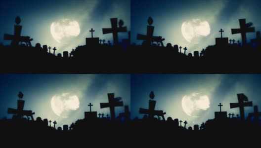 可怕的墓地和满月之夜的乌鸦高清在线视频素材下载