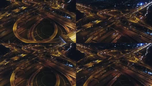 高速公路在大城市，高速公路进入城市，蓝色灯光图片由无人机俯视图。高清在线视频素材下载