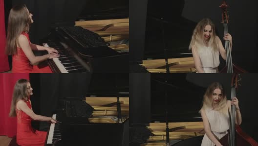 两个女孩在玩乐器。钢琴和doublebass高清在线视频素材下载