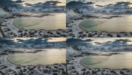 航拍:冬季挪威罗浮敦群岛的海湾高清在线视频素材下载