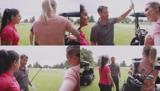 一群男性和女性高尔夫球手站在高尔夫球车在球场和选择俱乐部高清在线视频素材下载