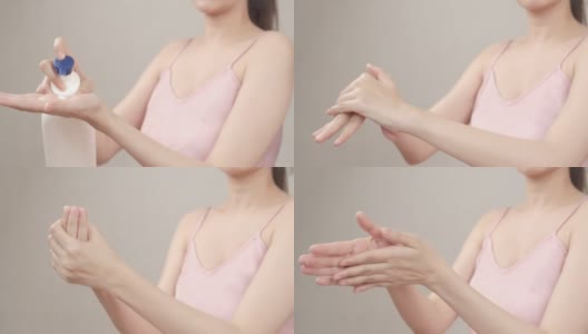 4k分辨率亚洲成年妇女使用手涂抹保湿化妆品霜在她的手。身体保健的概念。高清在线视频素材下载