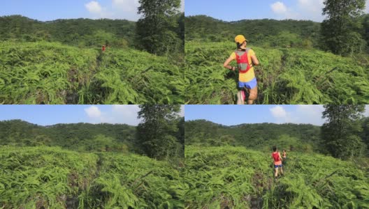 两名女子跑步者在热带森林的山坡上跑下坡，慢动作高清在线视频素材下载