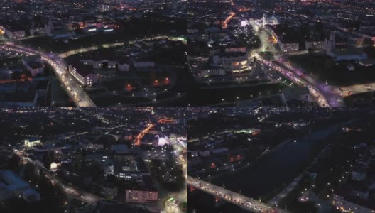 奥运会后,白俄罗斯。鸟瞰赫罗德纳城市天际线。著名的历史地标在夜间闪电高清在线视频素材下载
