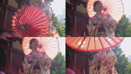 用传统的日本和服撑开伞高清在线视频素材下载