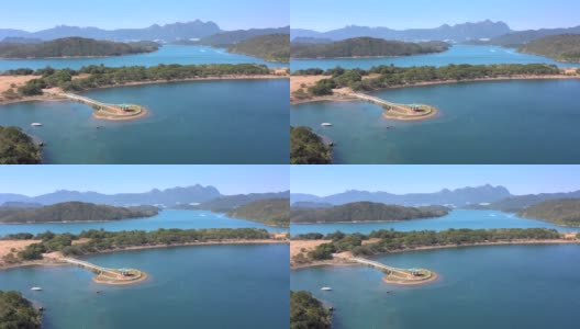 航拍香港国家地质公园万宜水库，水中央亭高清在线视频素材下载