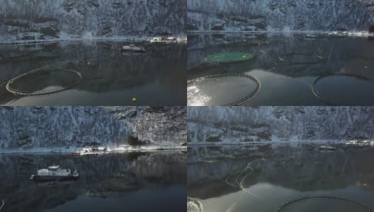 挪威北部特罗姆瑟省希勒沙姆峡湾的渔场高清在线视频素材下载