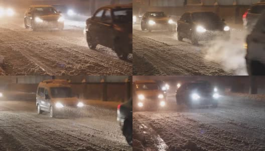 在大雪纷飞的日子里，汽车开着灯在白雪覆盖的路上行驶。高清在线视频素材下载