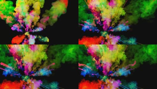 爆炸的火药孤立在黑色背景。3d动画的粒子作为彩色的背景或覆盖效果。迸发出彩虹般的色彩，粉饼呈现出明亮如胡里节。14高清在线视频素材下载