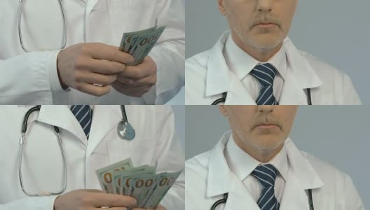 腐败医生数钱，在医疗保健和医药贿赂特写高清在线视频素材下载