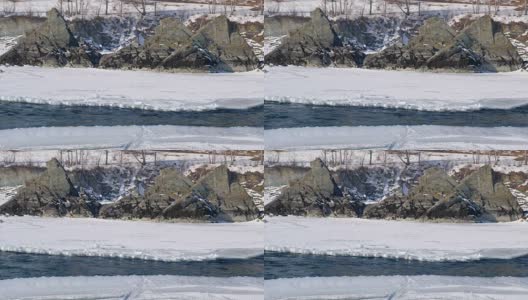 阿勒泰河上的松树在岩石上的视频——岩石在冬天被称为龙的牙齿，龙的冠，或Sartakpai箭高清在线视频素材下载