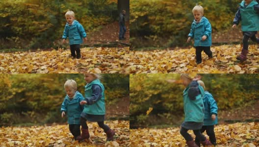 童年时光:孩子们在秋叶中嬉戏高清在线视频素材下载