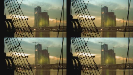 视频的背景。日落时分的港口城市。波兰格丁尼亚。高清高清在线视频素材下载