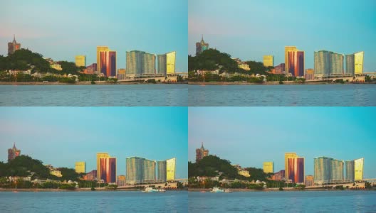 中国日落珠海湾澳门城著名酒店海岸线全景4k时间高清在线视频素材下载