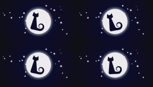 4K万圣节夜动画-猫在月亮前面|可循环高清在线视频素材下载