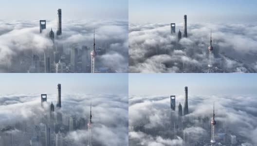 4K:中国浓雾中的上海天际线鸟瞰图高清在线视频素材下载